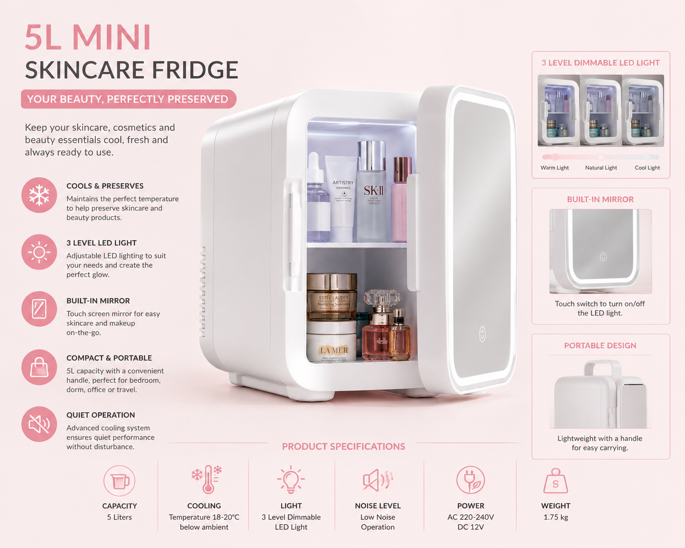 Luvoraz™ LuxeChill 5L Skincare Fridge with LED Mirror | Portable Beauty Cooler