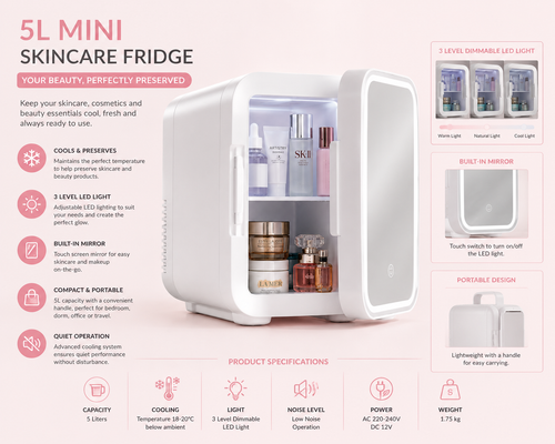 Luvoraz™ LuxeChill 5L Skincare Fridge with LED Mirror | Portable Beauty Cooler