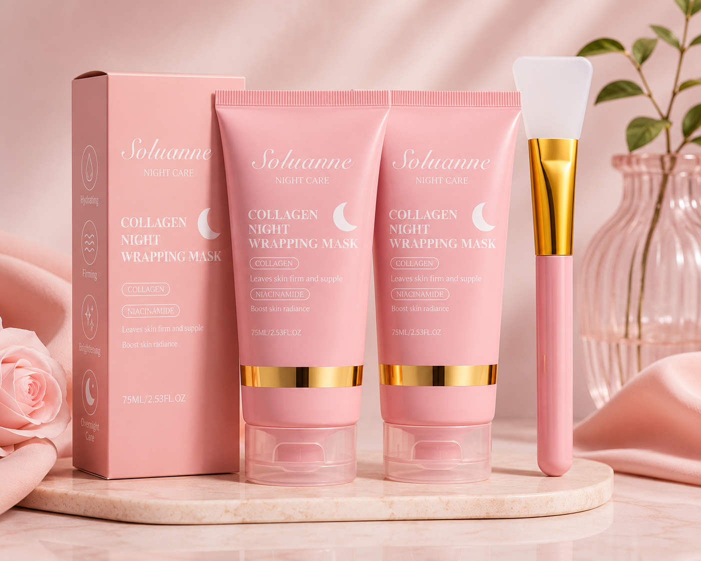 Soluanne Collagen Night Wrapping Mask | Overnight Peel-Off Sleeping Mask with Niacinamide (2 × 75ml)