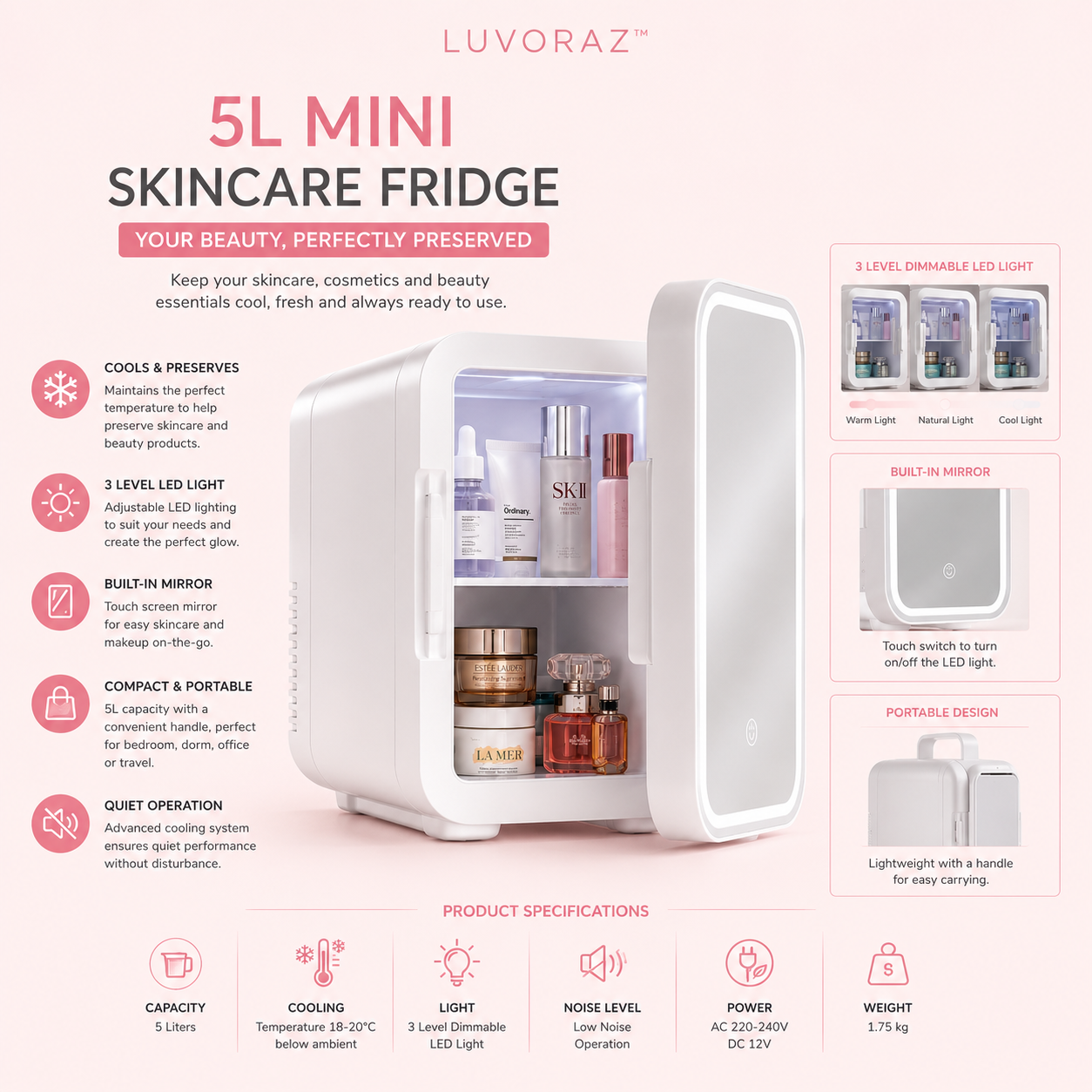 Luvoraz™ LuxeChill 5L Skincare Fridge with LED Mirror | Portable Beauty Cooler
