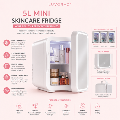 Luvoraz™ LuxeChill 5L Skincare Fridge with LED Mirror | Portable Beauty Cooler